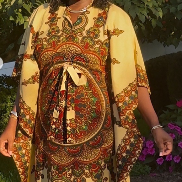 VTG Dashiki African Print Adjustable Waist Gold Maroon Kaftan Kimono Dress O/S - Picture 8 of 11